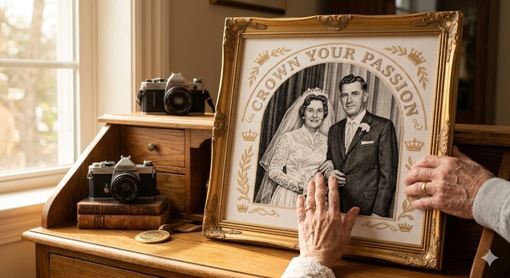 Framed wedding cross-stitch artwork with hands touching the frame