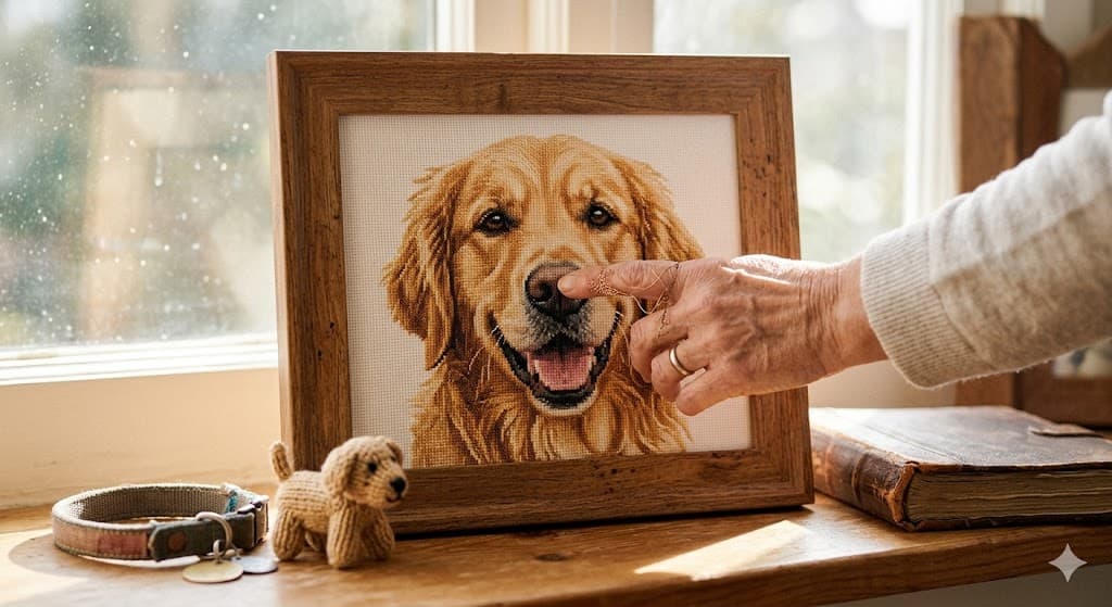 Framed golden retriever cross-stitch artwork on a warm desk