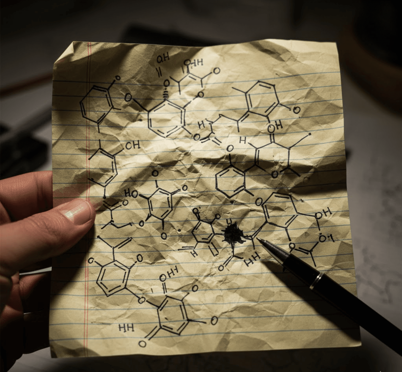 Handwritten organic chemistry notes before using pointy-top hex paper bundle