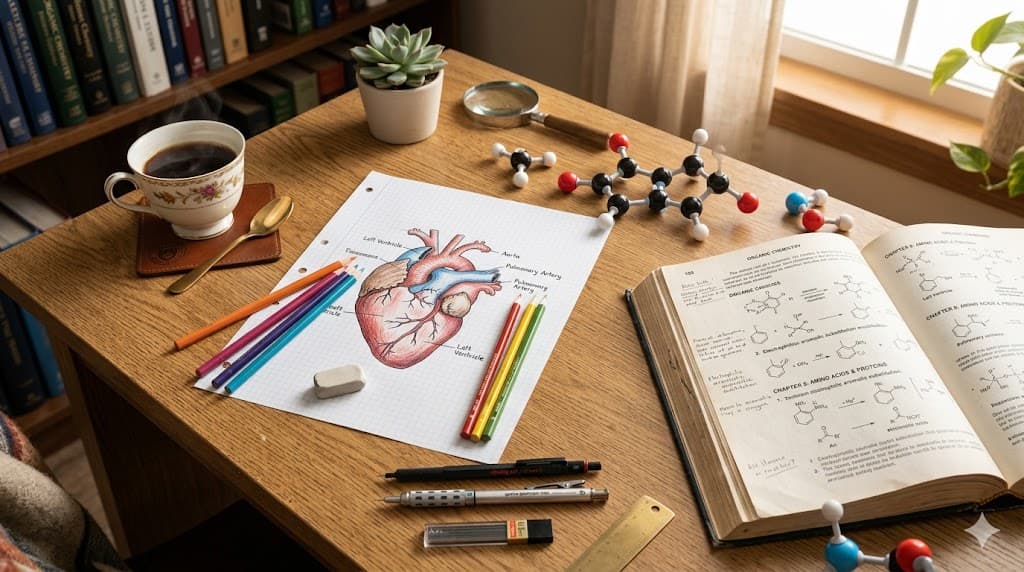 Aesthetic STEM study setup with organic chemistry notes and precision tools