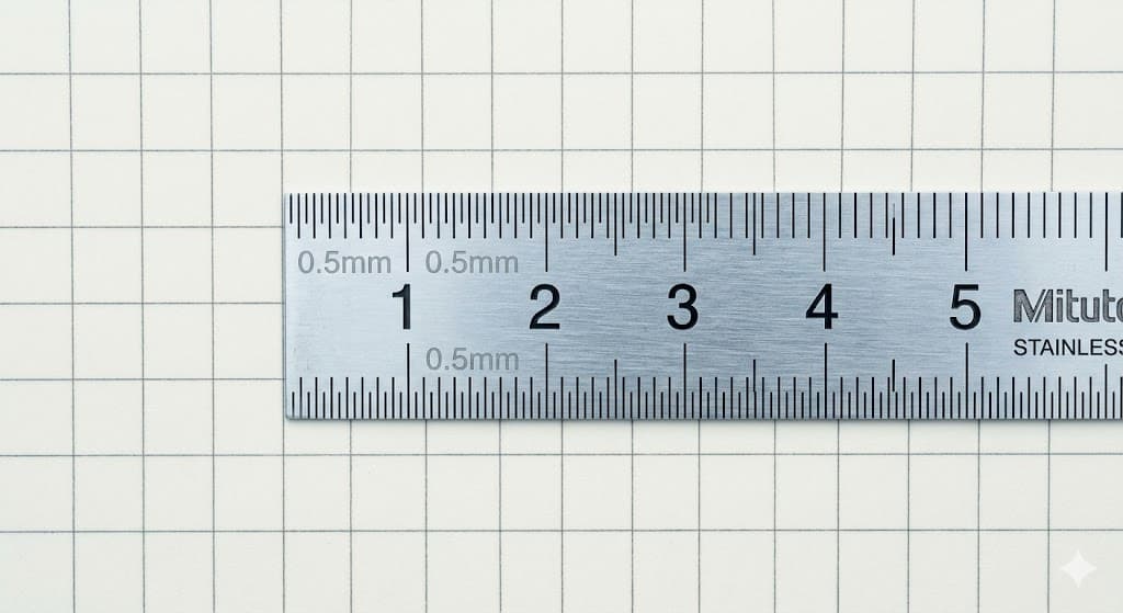 Macro shot of a steel ruler on 1mm grid paper showing 0.1mm precision